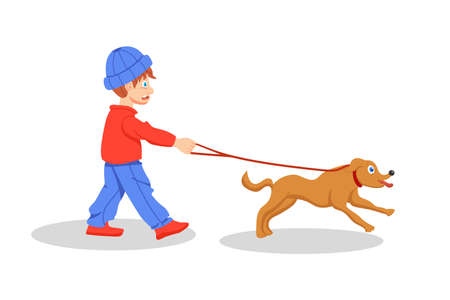 Cute boy walking with dog. Cartoon vector illustrationのイラスト素材