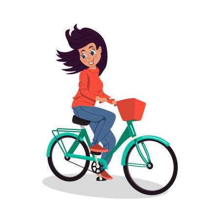 Cute girl is riding bicycleBeauty woman on bike. Flat cartoon colorful vector illustrationのイラスト素材