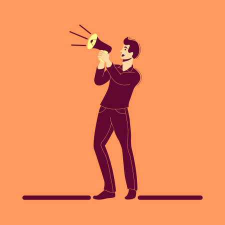 Man Using a Megaphone for sharing information, flat illustrationのイラスト素材