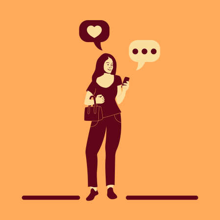 Concept of virtual communication social networking. The girl looks in a smartphone. Flat vector...