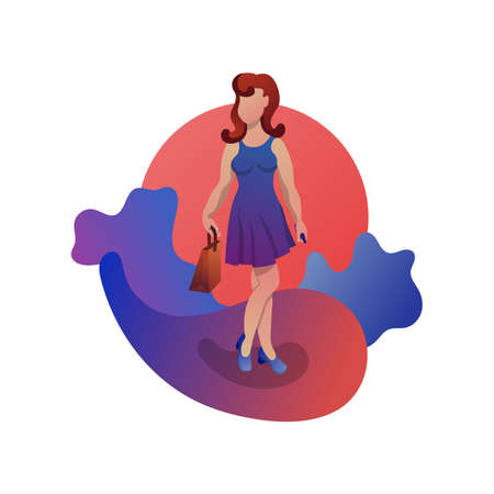 A beautiful girl after shopping flat illustration. A pretty young woman.のイラスト素材
