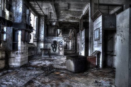 old corridor with box and tagged wallの写真素材