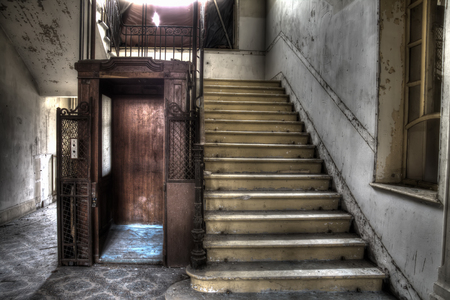 wood stairway and elevatorの写真素材