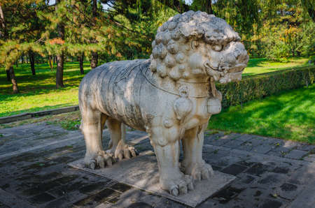 Closeup of stone lion in the parkの写真素材