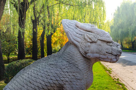 Stone unicorn in the parkの写真素材