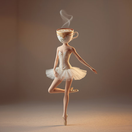 Beautiful ballerina in a white tutu and a cup of coffeeの素材
