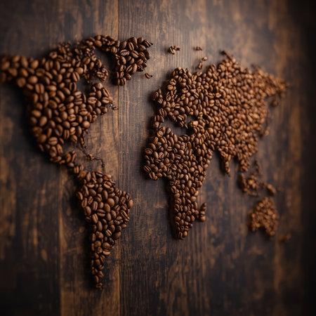 Coffee beans on the map of the world. Toned.の素材
