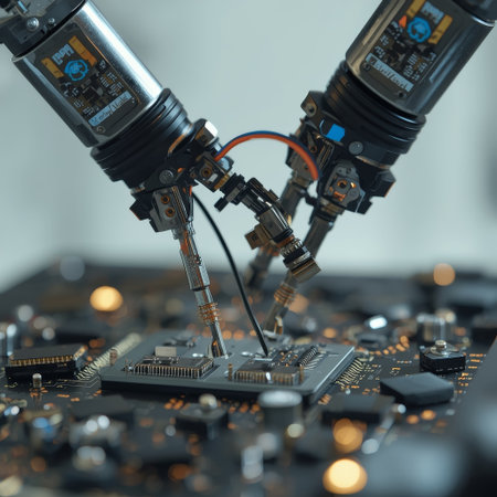 Close up of electronic circuit board with soldering iron and microchipsの素材