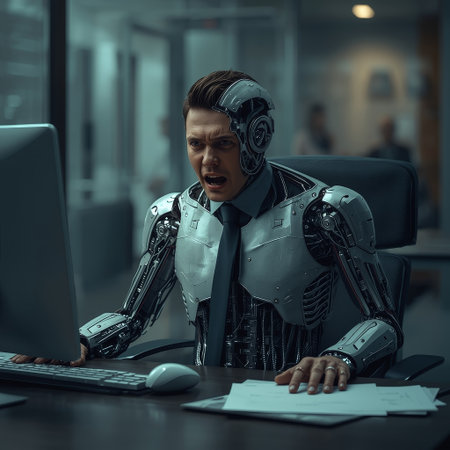 Angry robot looking at computer monitor while sitting at table in officeの素材