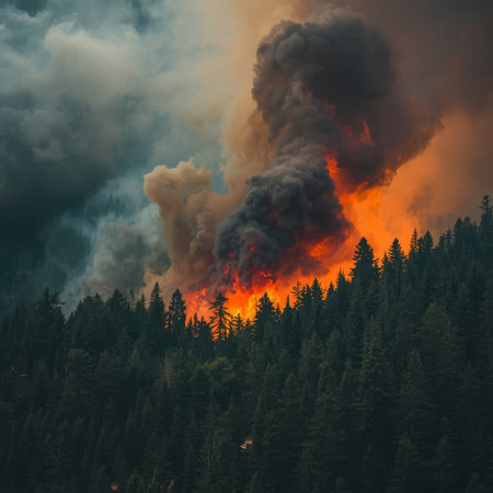 Forest fire in the mountains. Burning forest and high-rise buildings.の素材