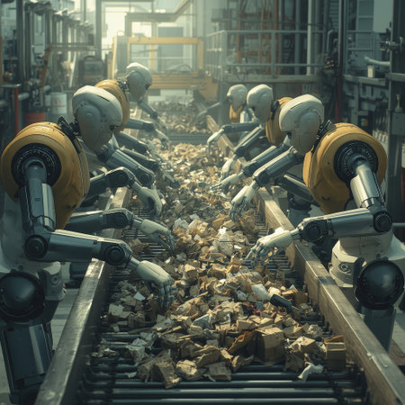 Industrial robot working on a conveyor belt in a factory.の素材