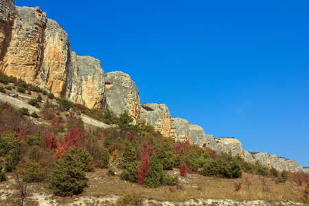 Rock, a mountain range in the background of blue cloudless sky. Below in the foreground under a rock growing grass and shrubsの写真素材