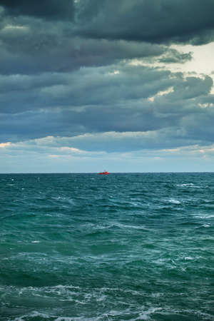 Marine vertical landscape. Sea storm. Gloomy sky with clouds. In the middle of a landscape far away...