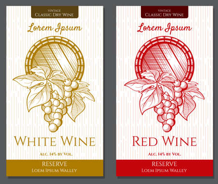 Vector graphic set of labels for white and red wines with vine elementsのイラスト素材