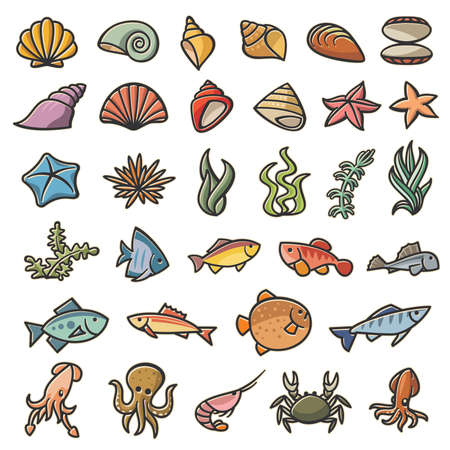 Marine sea symbols colorful set of 32 imagesのイラスト素材
