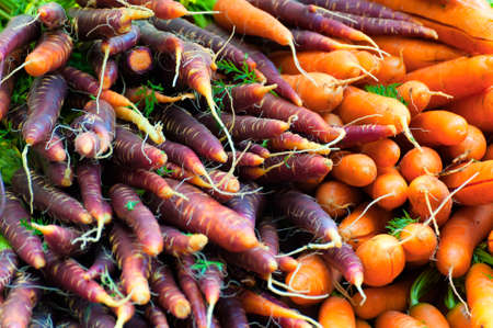Close up of multi colored bunches of carrots on display at a farmers marketの写真素材
