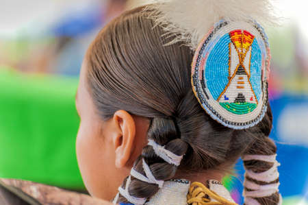 Portland, Oregon, USA - June, 14, 2014: Closeup of a female Native American headress at the annual Delta Park Pow Wow in Portland, Oregonのeditorial素材
