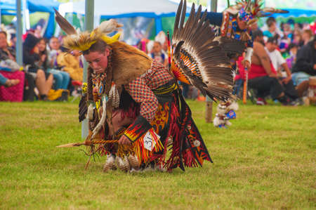 Portland, Oregon USA - June 14, 2014: Close up of the Native American Indian Turkey Dance performed at the annual Delta Park Pow Wow in Portland, Oregonのeditorial素材