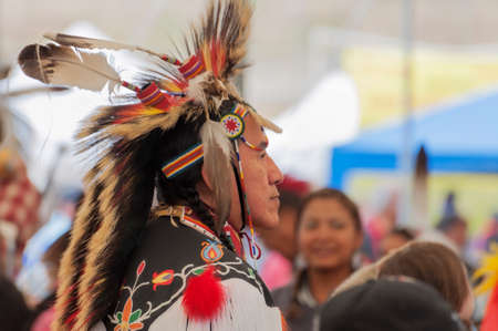 Portland,Oregon,USA - June 14, 2014:  Closeup of a Native American Indian dressed in full regalia at Delta Park annual Pow Wow in Portland Oregonのeditorial素材