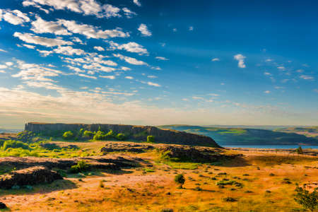 High desert landscape with basalt rock and vast vista view in the Columbia River Gorgeの写真素材