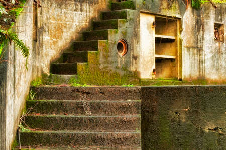 Two flights of outside stairs ascend this exterior weathered wall covered with moss and interesting background with shapes and texture.の写真素材