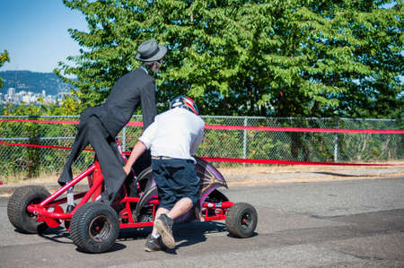 Portland, Oregon, USA - August 14, 2010:  Annual Mt. Tabor Adult Soapbox Races held every summer in August.  A lot of unique designs in this family fun event.のeditorial素材
