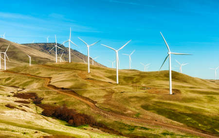 Windturbines stand tall and stark against the high desert landscape of rolling hills in the Columbia River Gorgeの写真素材