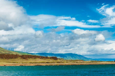 View of the Washington side of the Columbia River taken from car on Interstate 84 on the Oregon side of the Columbia River Gorgeの写真素材