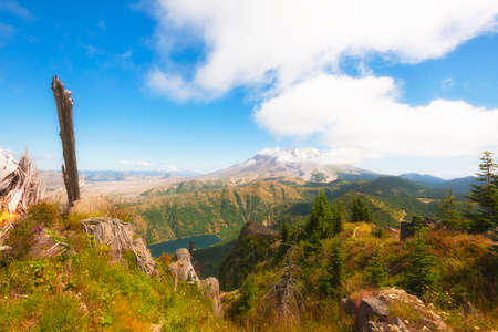 View from near the top of Castle Peak looking out over Castle Lake to Mt. St. Helens.の写真素材