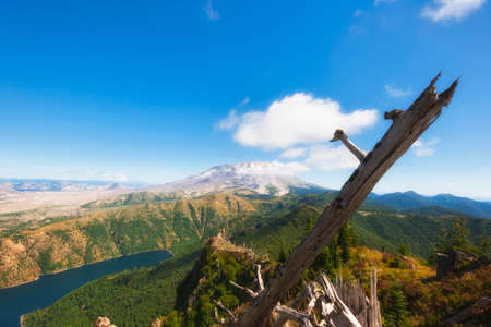 View from near the top of Castle Peak looking out over Castle Lake to Mt. St. Helens.の写真素材