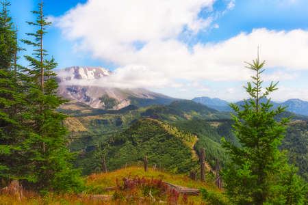 Beathtaking view of Mt. St. Helens under blue skies with white fluffly clouds.の写真素材