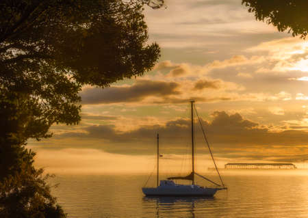 Dawn's morning light enhances the silhouette of an anchored boat framed by tree lined shore captured with filtered lensの写真素材