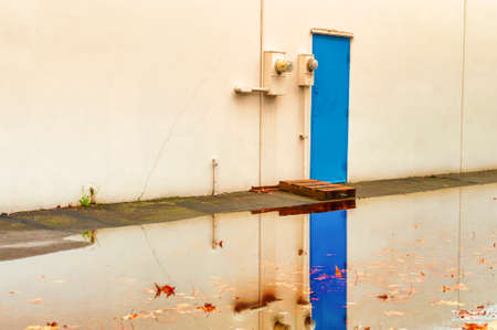 Minimalist of a blue door on a white warehouse reflecting in flood waters with autumn leaves beneath the surface.の写真素材