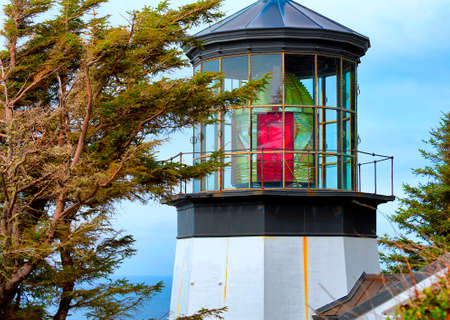 Closeup of Cape Mears Lighthouse first lit in 1890 on the Northern Oregon Coast near Netarts, Oregonの写真素材