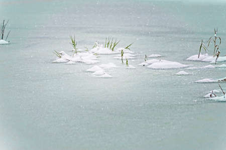 Falling snow accumulates on a frozen pondの写真素材
