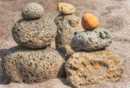 At Oxbow Park, alongd the Sandy River, has a beach where rocks are staked by anyone who visits the area creating a village of stacked rocks.の写真素材