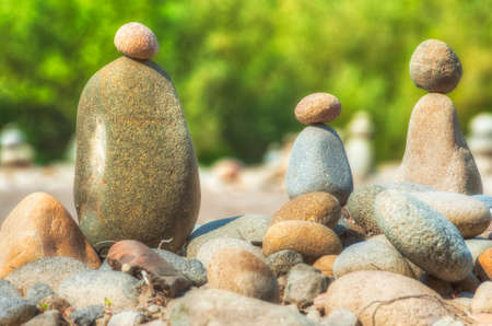 At Oxbow Park, alongd the Sandy River, has a beach where rocks are staked by anyone who visits the area creating a village of stacked rocks.の写真素材