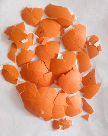 Eggshells and broken eggshells on white paper.の写真素材