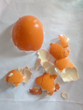 Eggshells and broken eggshells on white paper.