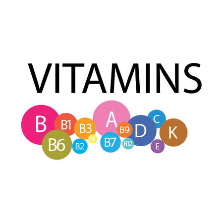 Multi Vitamin complex icons. Multivitamin supplement, Vitamin A, B group B1, B2, B3, B5, B6,B7, B9, B12, C, D, E, K  Science vector illustration,vector icon  Multivitamin complex flat 
 set,Table illustration medicine healthcare chart Diet balance medical Infographic diagramのイラスト素材