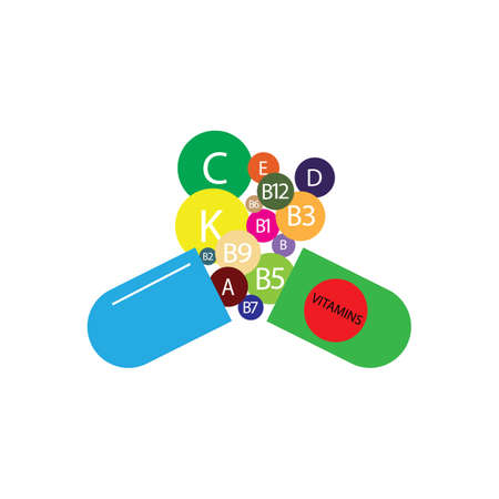 Multi Vitamin complex icons. Multivitamin supplement, Vitamin A, B group B1, B2, B3, B5, B6,B7, B9, B12, C, D, E, K  Science vector illustration,vector icon  Multivitamin complex flat 
 set,Table illustration medicine healthcare chart Diet balance medical Infographic diagramのイラスト素材