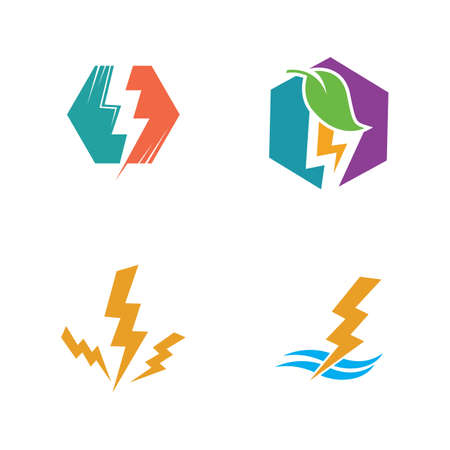 Thunder and Bolt Lighting Flash Icons Set. Flat Style on Dark Background. Vector - Vectorのイラスト素材