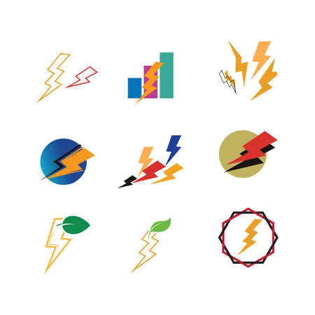 Thunder and Bolt Lighting Flash Icons Set. Flat Style on Dark Background. Vector - Vectorのイラスト素材
