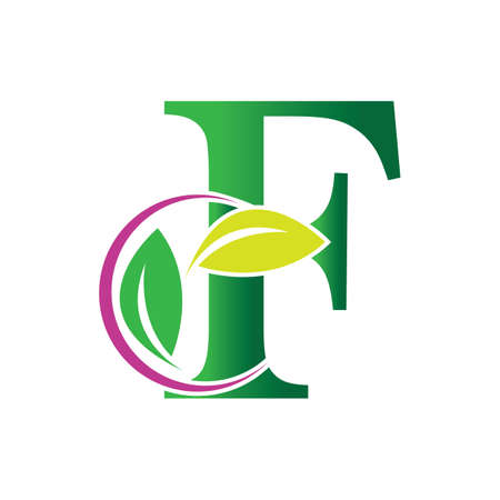 Initial Letter F With Leaf Logo,green eco leaf letter F logo design templateのイラスト素材
