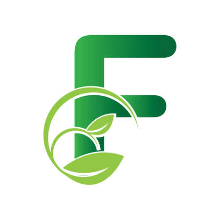 Initial Letter F With Leaf Logo,green eco leaf letter F logo design templateのイラスト素材