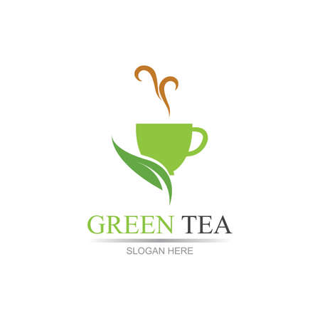 leaf shoots green organic tea mug leaf logo symbol design ideaGreen tea vector logo template. Design with leaf and cup symbol.のイラスト素材