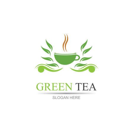 leaf shoots green organic tea mug leaf logo symbol design ideaGreen tea vector logo template. Design with leaf and cup symbol.のイラスト素材