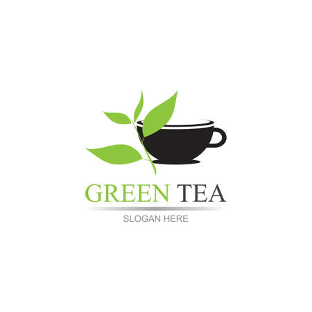 leaf shoots green organic tea mug leaf logo symbol design ideaGreen tea vector logo template. Design with leaf and cup symbol.のイラスト素材