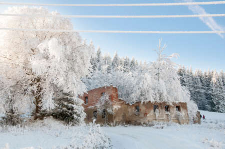 destroyed house in the mountainの写真素材