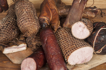 different kind if ham and sausageの写真素材